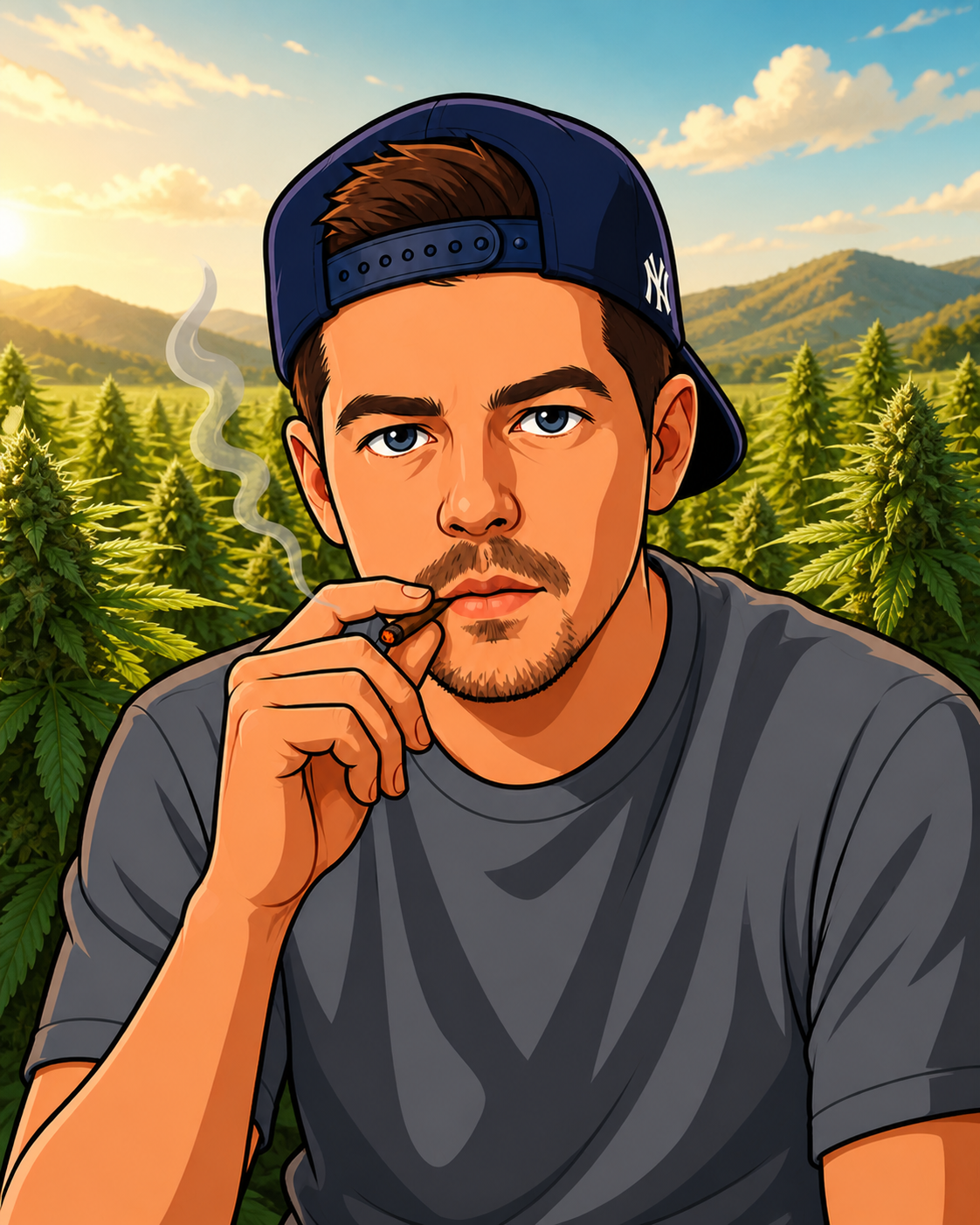 Cartoon portrait of James Brady in a cannabis field