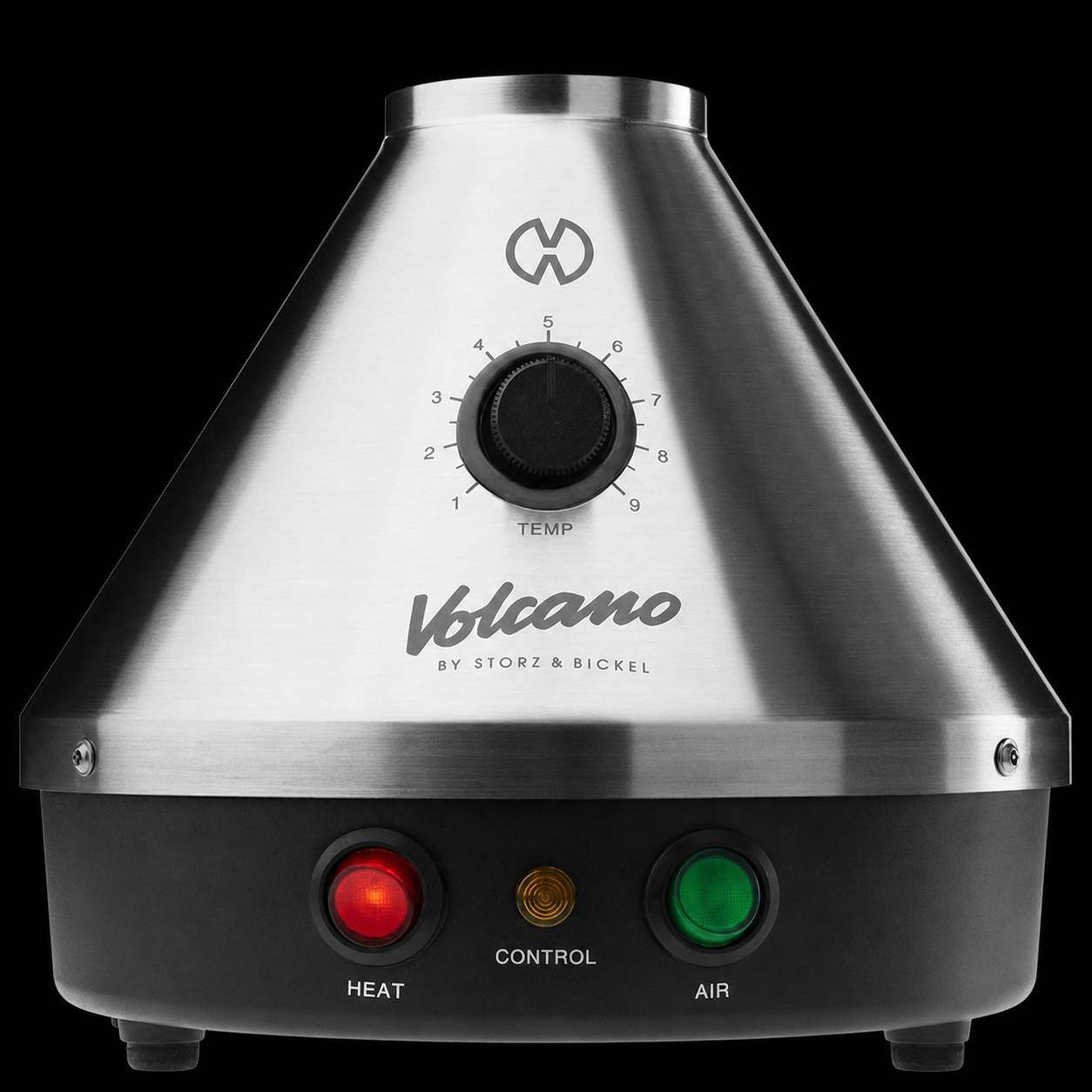 Silver VOLCANO CLASSIC desktop vaporizer presented on a black background